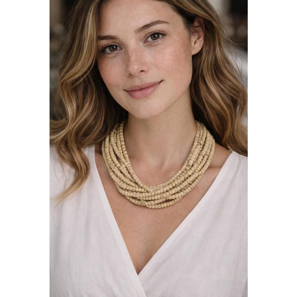 Nine Strand Natural Wood Beaded Necklace 18"
